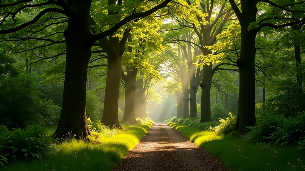 Beech and oak woodland with soft trails and dappled morning light
