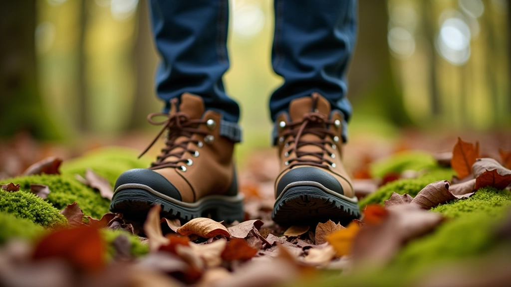 Walking boots on forest floor covered with fallen leaves and moss