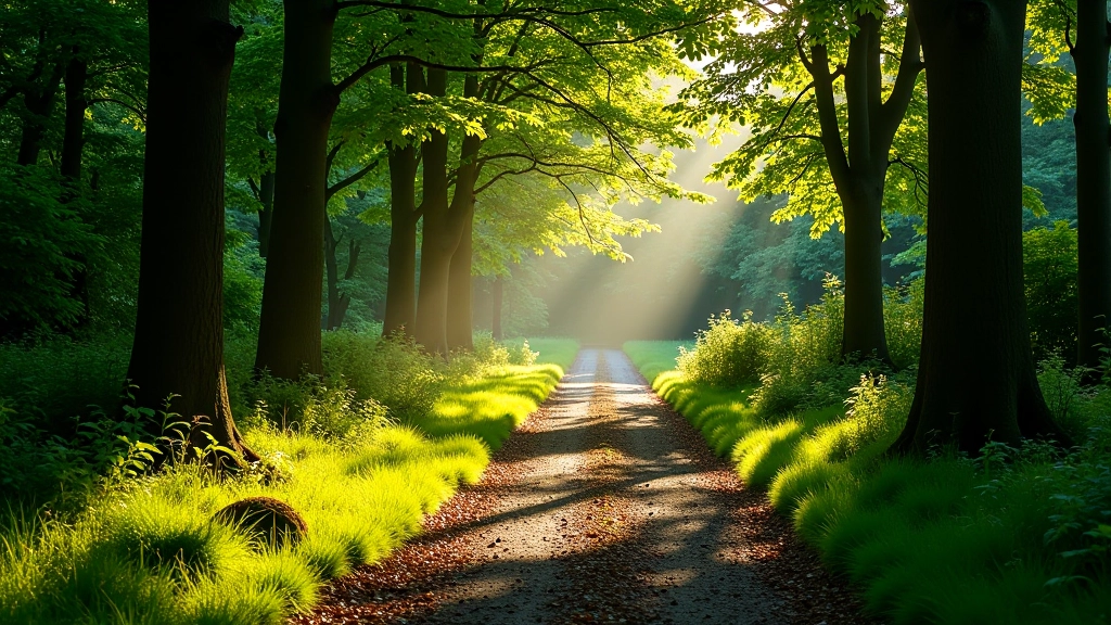 Forest path with dappled sunlight filtering through tree canopy, woodland trail
