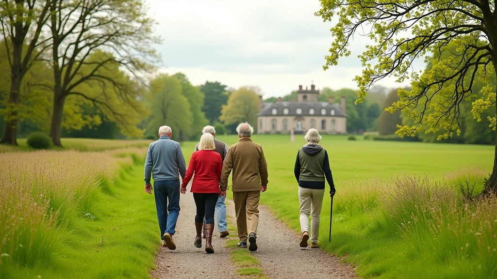 Walkers on a parkland trail with historic estates in background