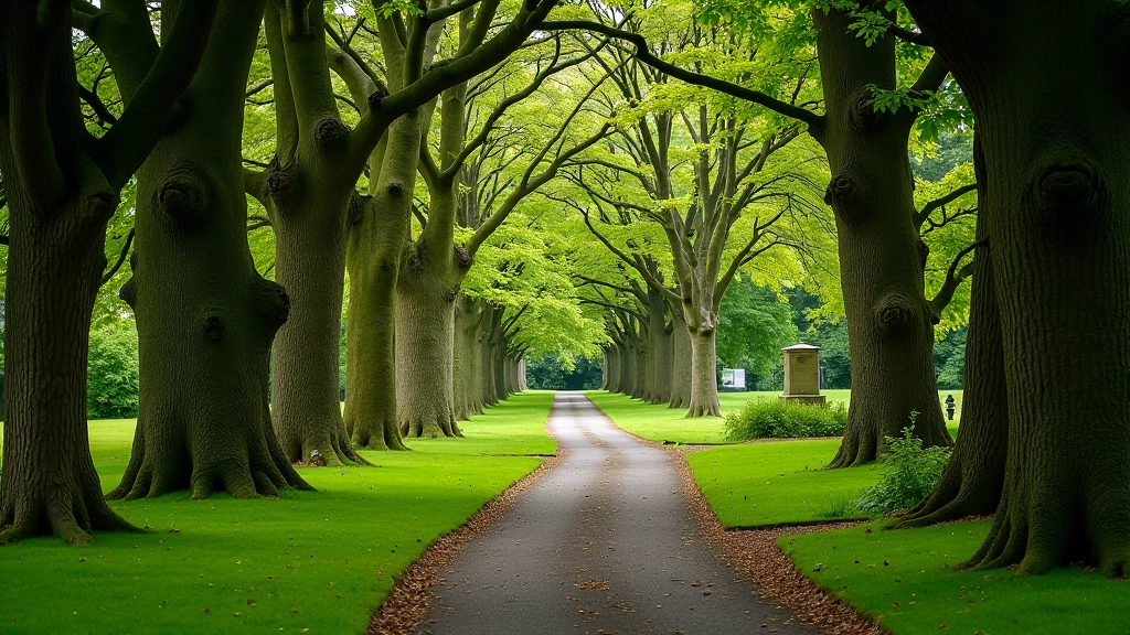 Historic estate grounds with marked walking paths winding through mature trees