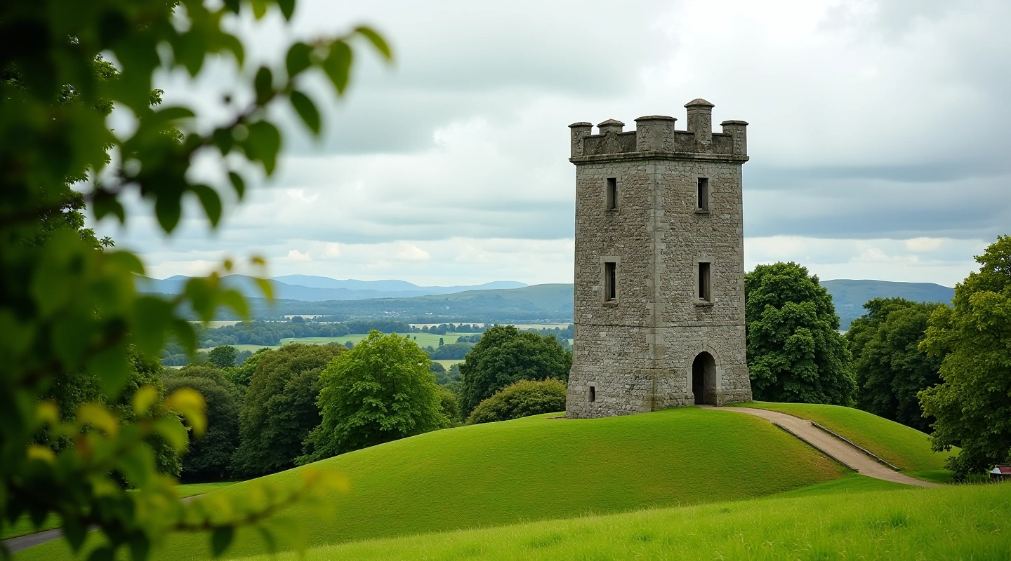 Historic folly tower rising above green parkland with Suir valley views in the distance
