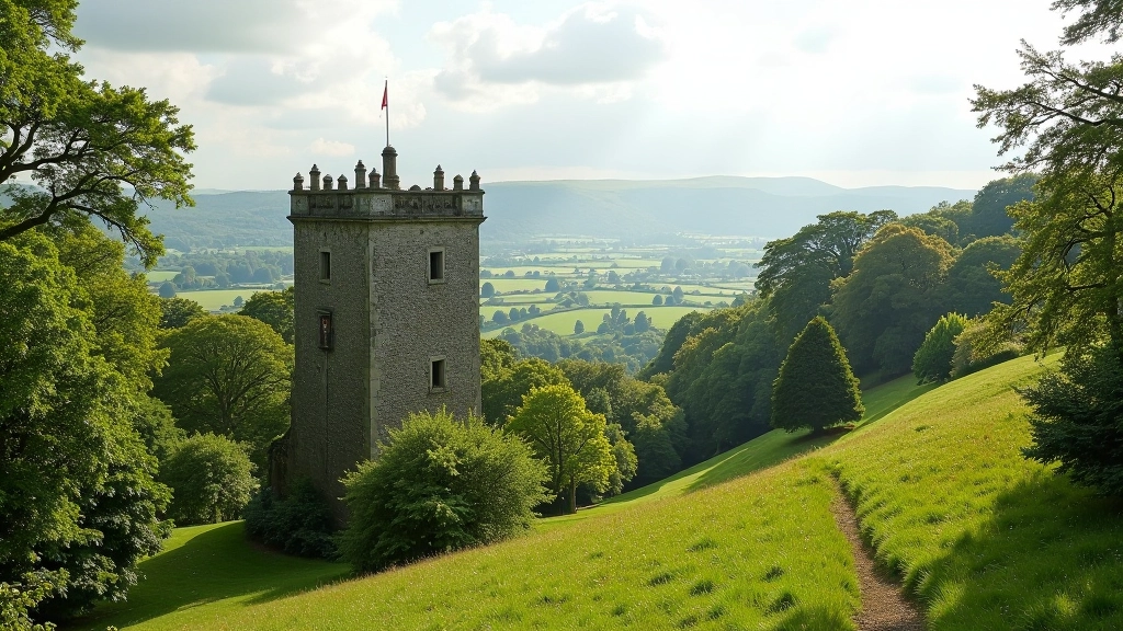 Historic folly tower structure with views across valley landscape