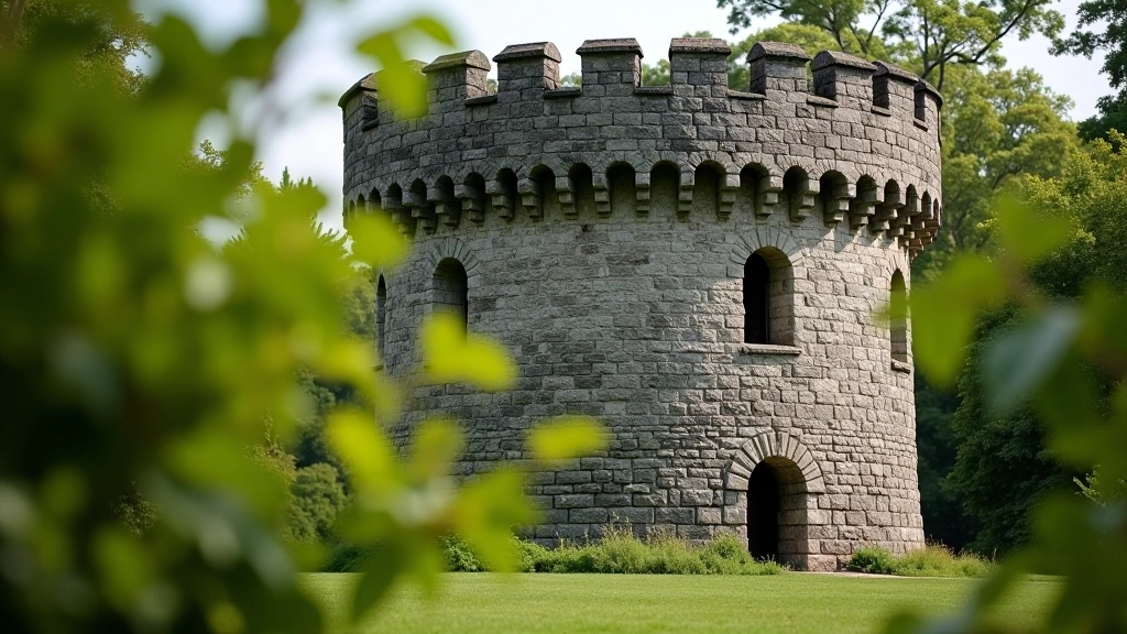 Close-up of historic stone folly tower showing 18th-century masonry and architectural details