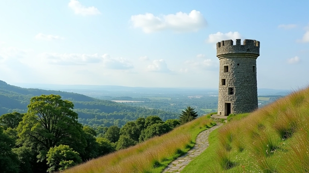 Historic stone folly tower against sky with valley views stretching to the horizon
