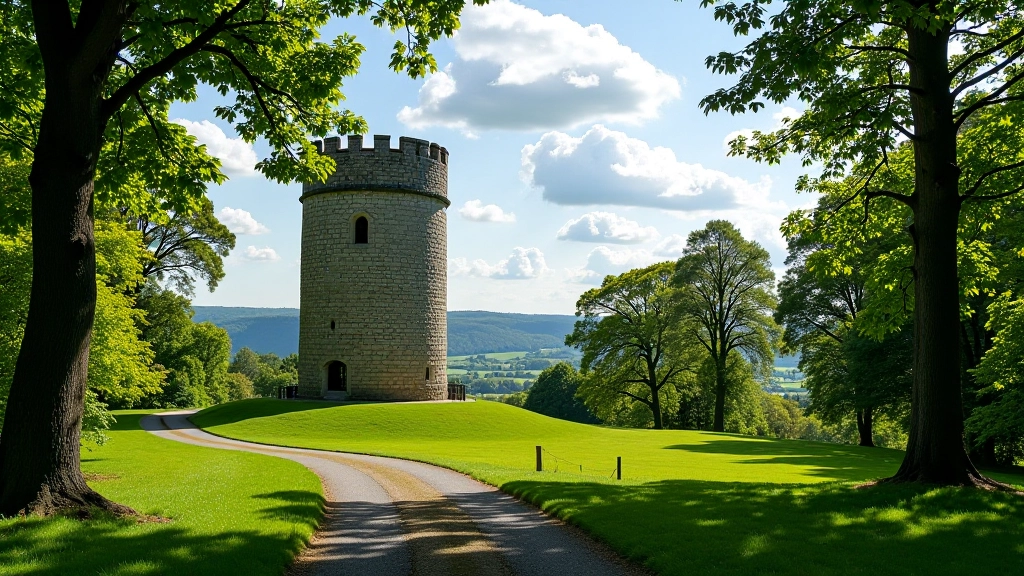 Historic stone folly tower visible through trees with valley views