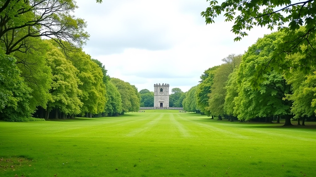 Open parkland with scattered mature trees and a stone folly tower visible in the middle distance