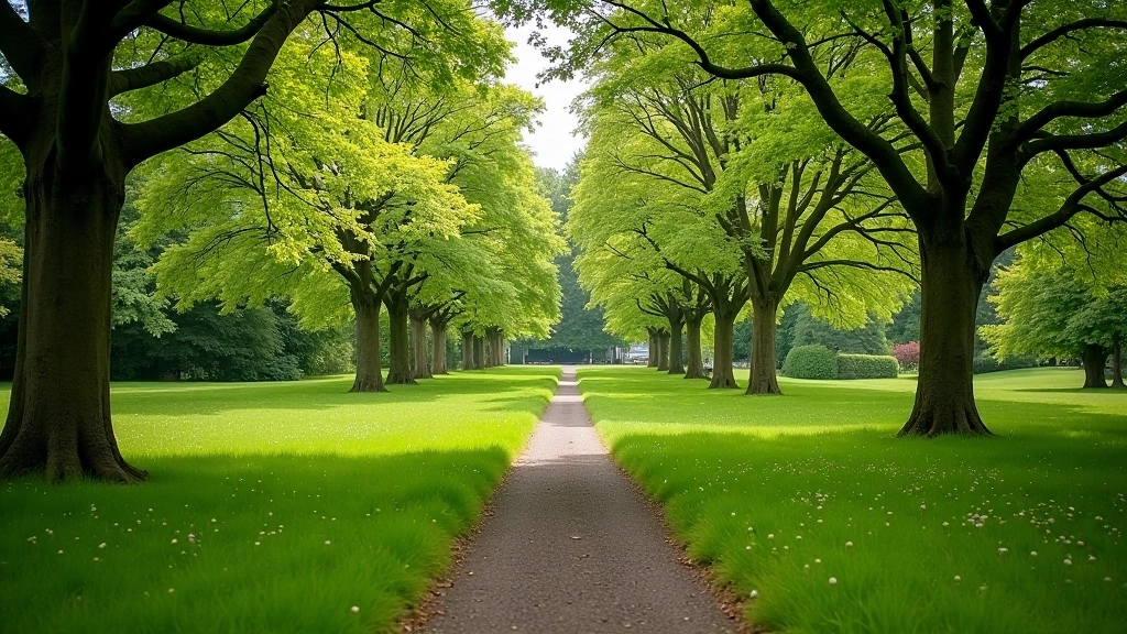 Parkland grounds with marked paths through mature trees and open spaces