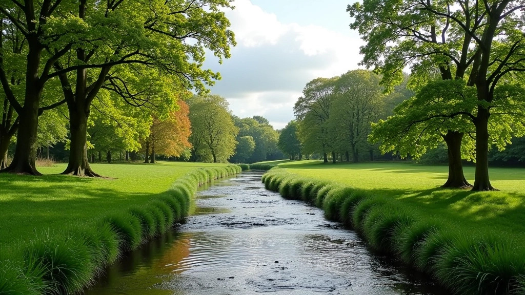 River flowing through valley with tree-lined banks and grassland