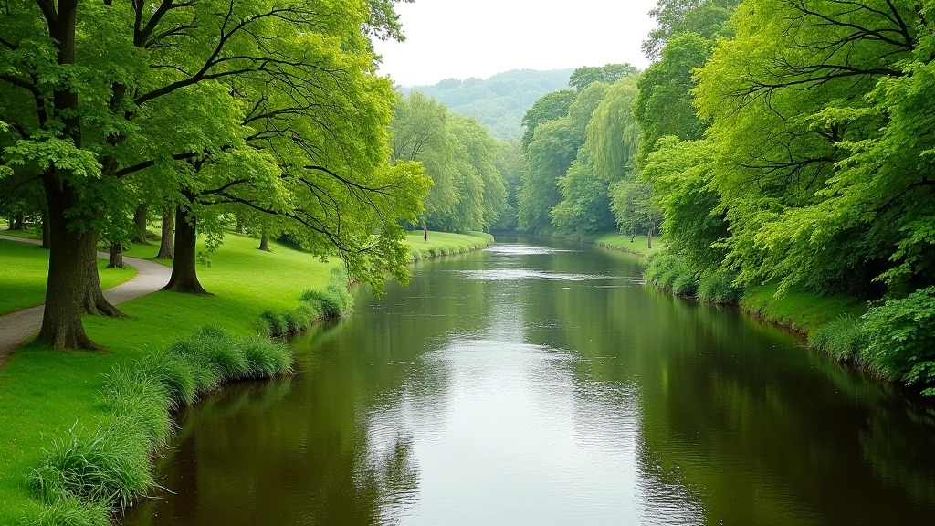 River Suir flowing through green valley with walking path alongside the water
