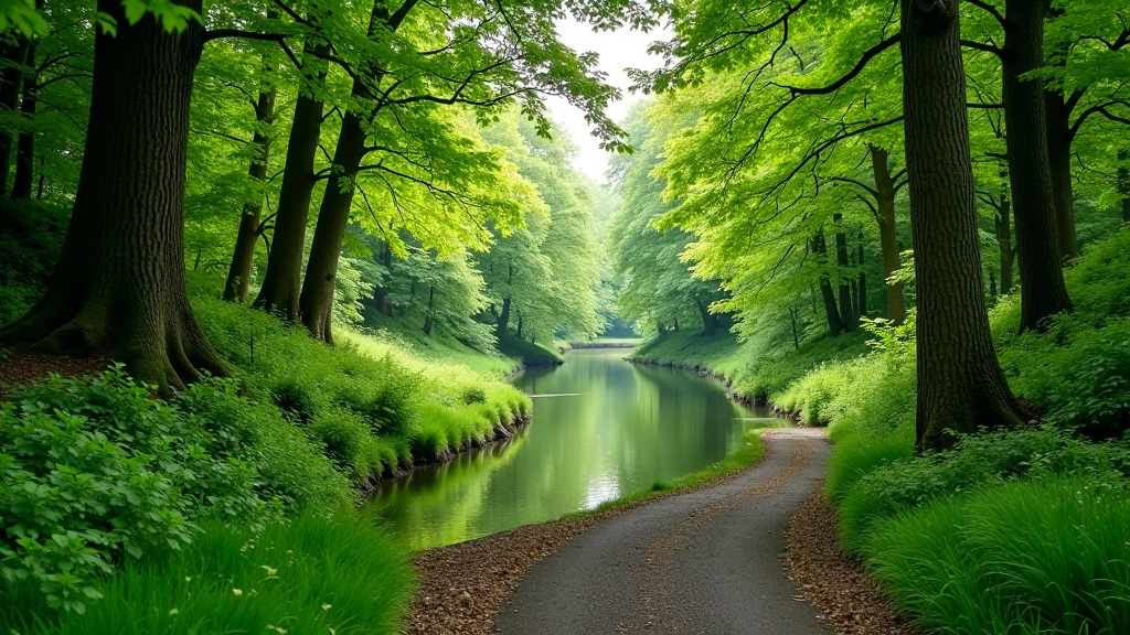 Scenic bend in the riverside path with lush green banks and trees creating a natural corridor along the water