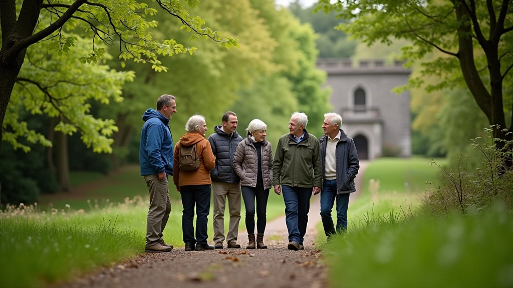 Walking group exploring estate features