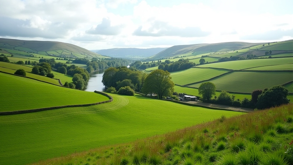 Scenic Suir valley landscape with river and distant hills