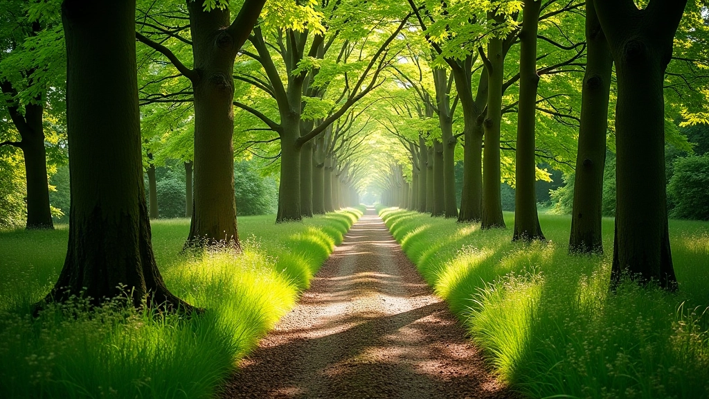Wooded path through mature trees with dappled sunlight and natural woodland floor