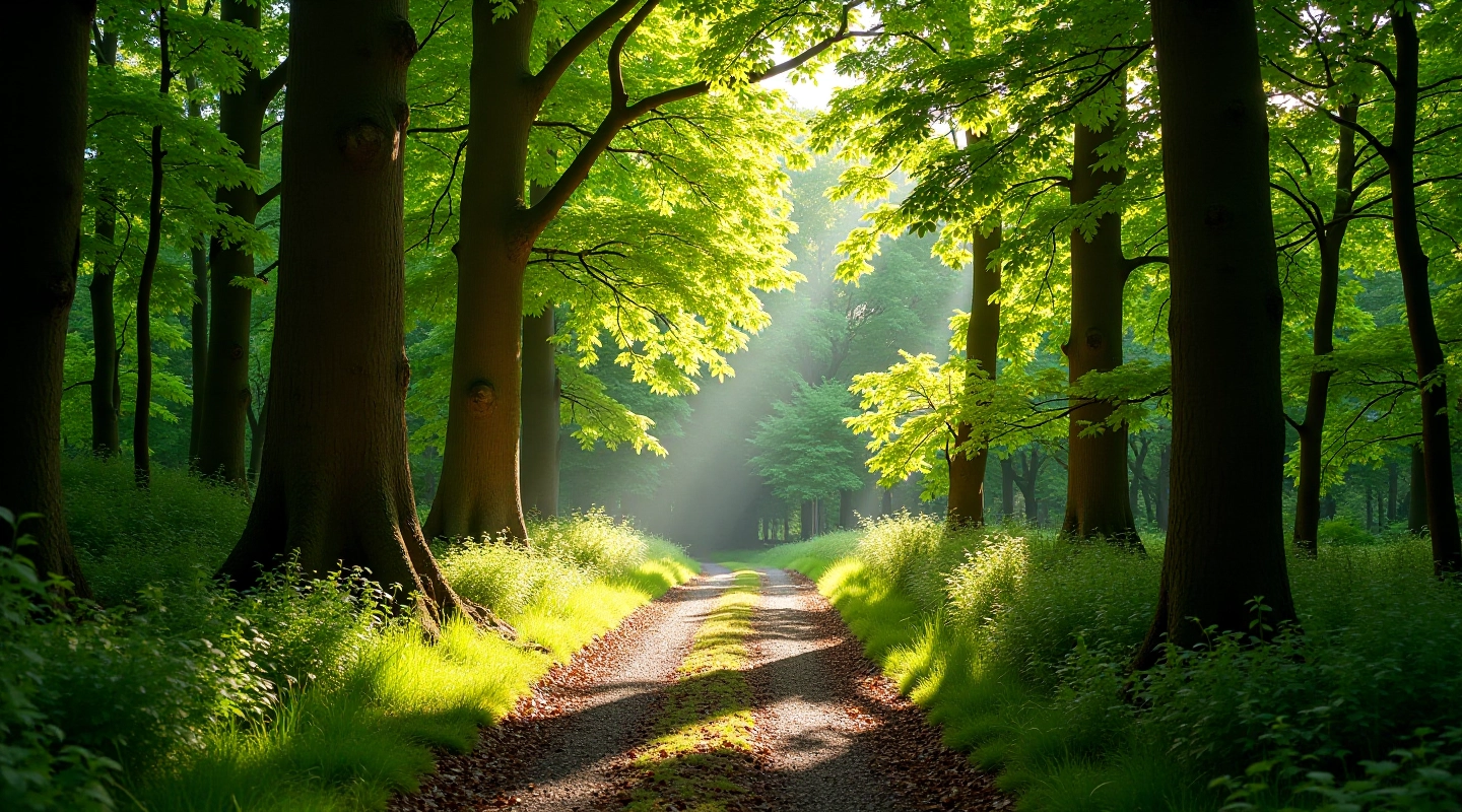 Wooded path through mature woodland with dappled sunlight filtering through tree canopy at Wooded Demesne Loop Walk
