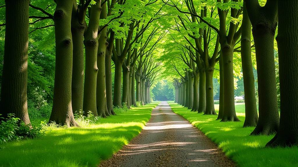 Wooded trail with mature trees creating natural canopy cover