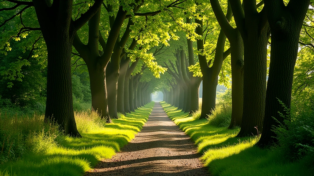 Woodland path lined with mature beech and oak trees, dappled sunlight on the ground