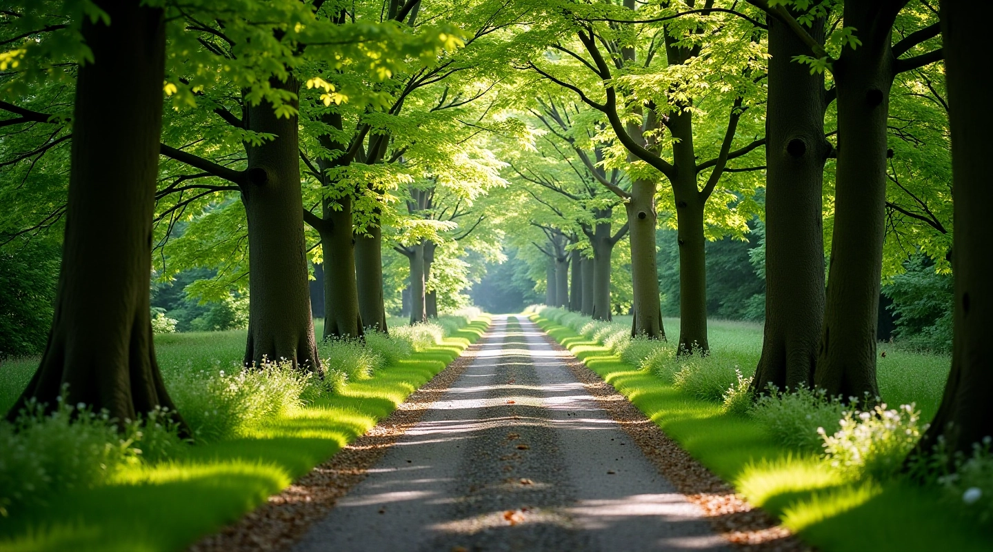 Wooded path with mature trees creating natural archway